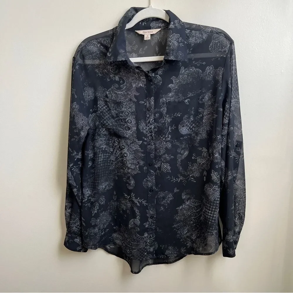 Decree Black Sheer Button Up Blouse Size Medium